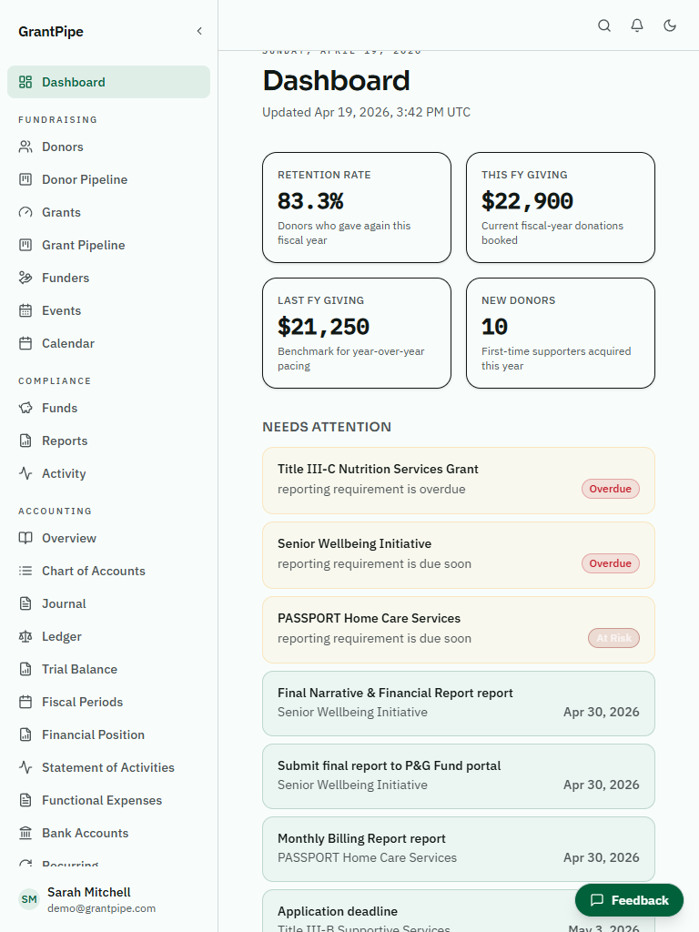GrantPipe mobile dashboard view