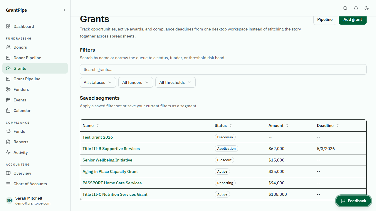 GrantPipe grants workspace with deadline and portfolio tracking